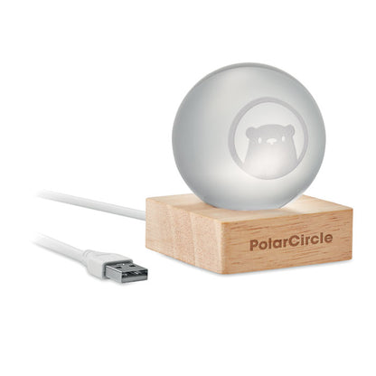 Vista lateral de Bola de cristal con luz LED y base de madera con logo impreso