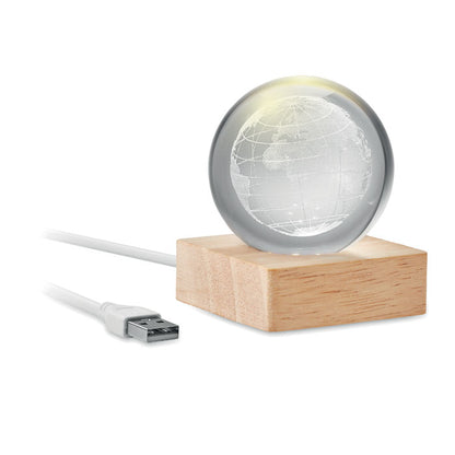 Bola del mundo de cristal con luz LED y base de madera