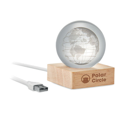 Bola del mundo de cristal con luz LED y base de madera con logo impreso