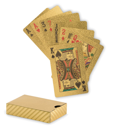 Juego de cartas en color dorado con diseños detallados, incluyendo un joker y una caja de PET elegante.