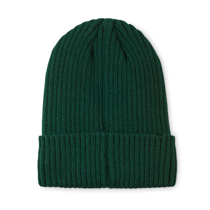 Vista trasera de gorro de punto verde con vuelta