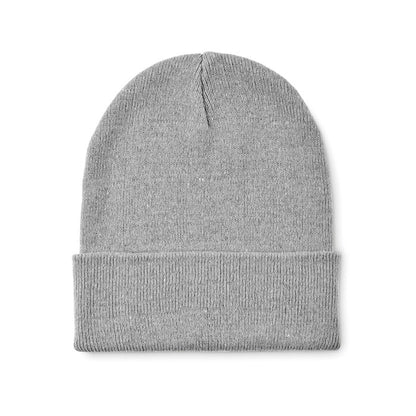 Vista frontal de gorro de punto gris con dobladillo