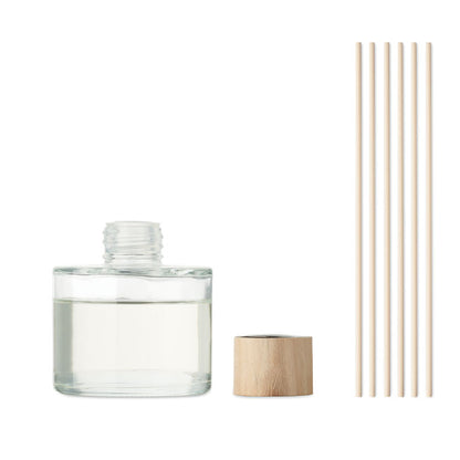 6 varillas blancas, tapa de madera y bote de cristal blanco con ambientador