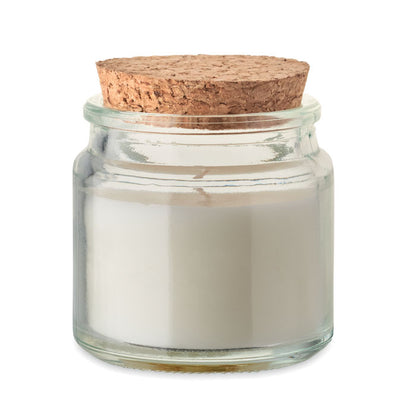 Tarro de vidrio con vela color blanco con tapa de corcho 