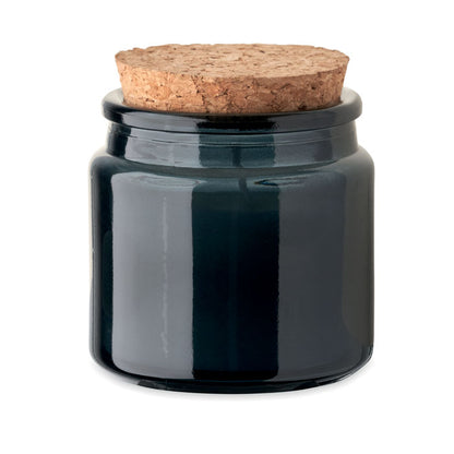 Vista superior de Tarro de vidrio con vela color negro con tapa de corcho 