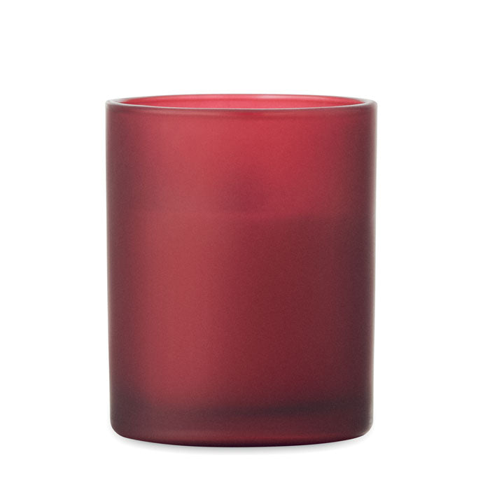 Vaso de vidrio rojo opaco, ideal para la vela de cera vegetal 80 gr, con un diseño elegante y moderno.