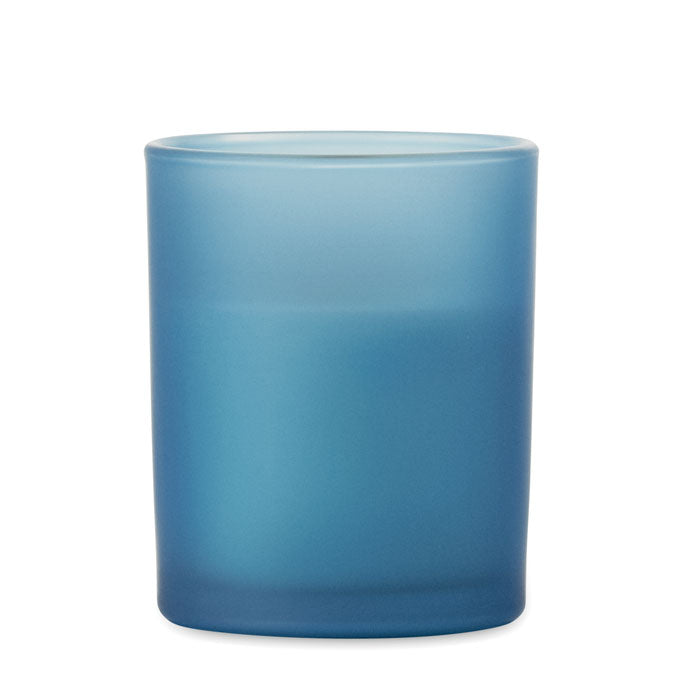 Vela en envase de vidrio azul mate con diseño elegante, ideal para decoración y aromaterapia, KIVAS WOOD - Vela de cera vegetal 80 gr.