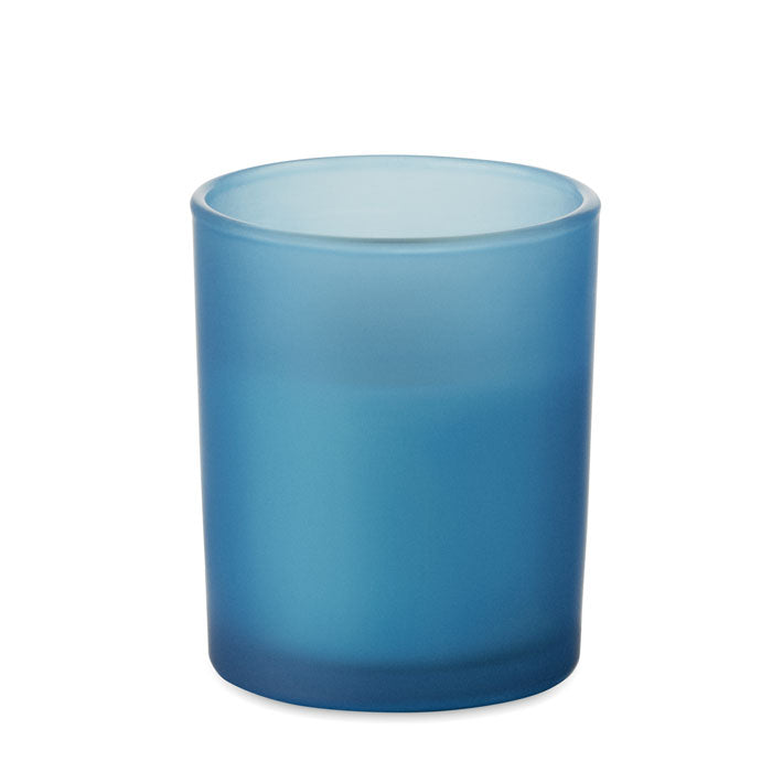 Copa de vidrio azul mate, ideal para vela de cera vegetal KIVAS WOOD, con uso decorativo y aromático.