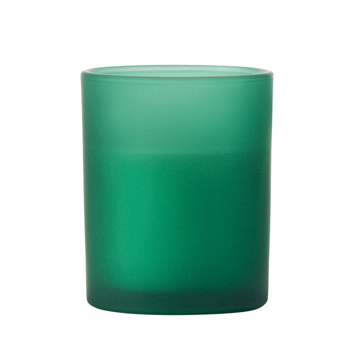 Vaso de vidrio verde mate, ideal para vela de cera vegetal de 80 gr de KIVAS WOOD, diseño elegante y moderno.