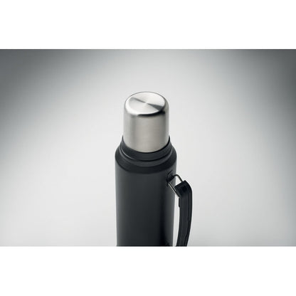 Vista superior de botella de 1L de acero negro asa y tapa cromada