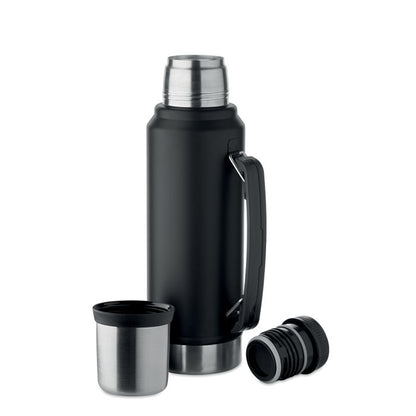 Vista frontal de botella de 1L de acero negro asa, tapa cromada delante y tapón quitado