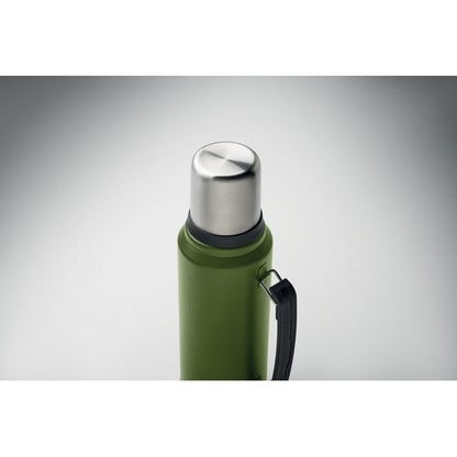 Vista frontal de botella de 1L de acero verde militar, asa y tapa cromada