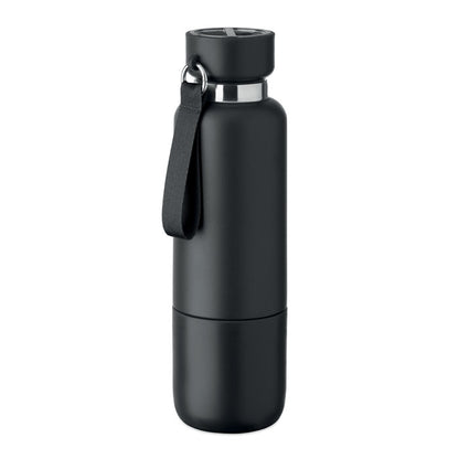Botella negra de acero con tapón y asa