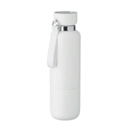 Vista frontal de botella blanca con tapa y asa