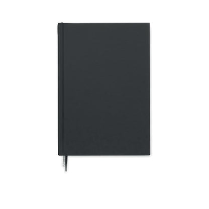 Vista frontal de cuaderno negro con tapas duras