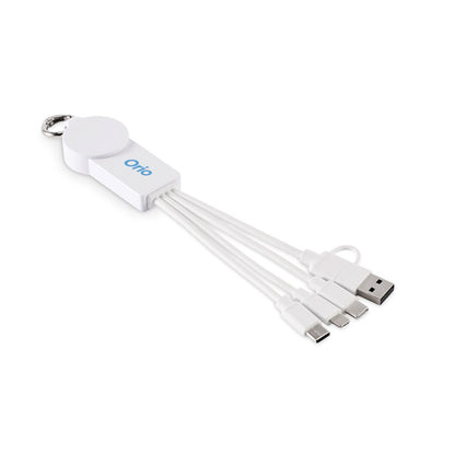 Vista lateral de Llavero blanco con cable de carga con 5 conexiones con logo impreso