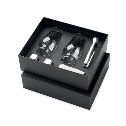 Caja negra con set de vasos para licores, hielos de acero y pinzas