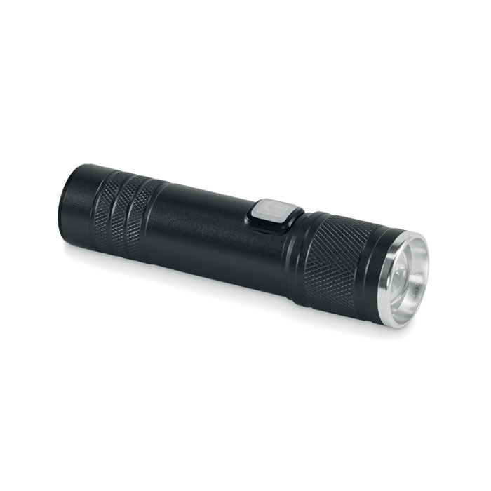 Linterna compacta de color negro con iluminación COB, botón de encendido y diseño ergonómico, perfecta para uso diario.