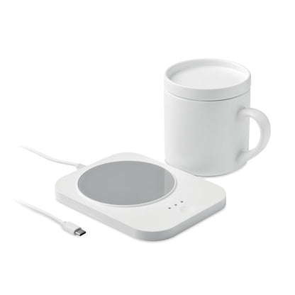 Cargador inalámbrico blanco y calienta tazas blanco con taza a juego