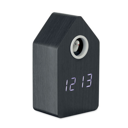 Vista lateral de reloj de cuco digital de MDF negro con alarma