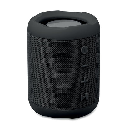 Vista lateral de altavoz inalámbrico negro con botones en relieve