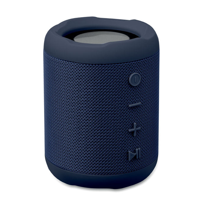 Vista lateral de un altavoz inalámbrico azul de ABS con botones de control y diseño compacto, ideal para llevar.