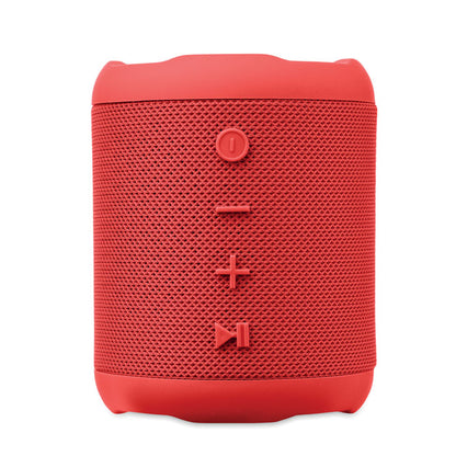 Vista frontal de altavoz inalámbrico rojo con botones en relieve