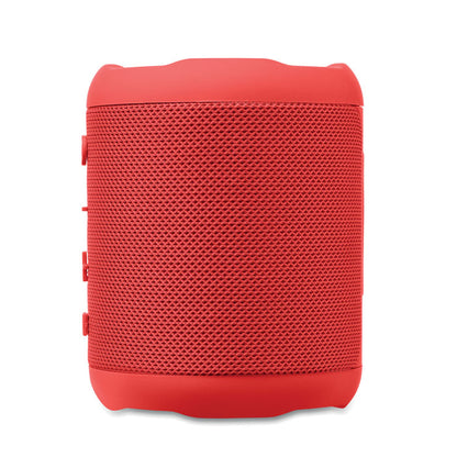 Vista lateral de altavoz inalámbrico rojo con botones en relieve