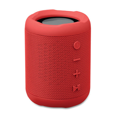 Vista lateral de altavoz inalámbrico rojo con botones en relieve