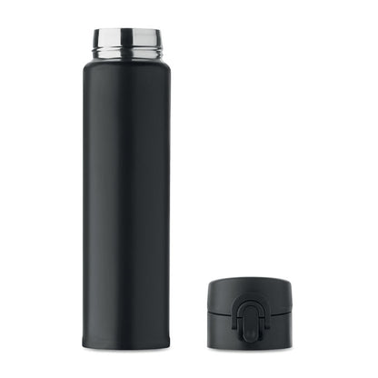 Vista frontal de botella negra de acero inox con tapón quitado