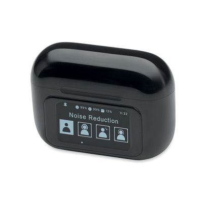 Vista lateral de auriculares negros con base con pantalla táctil
