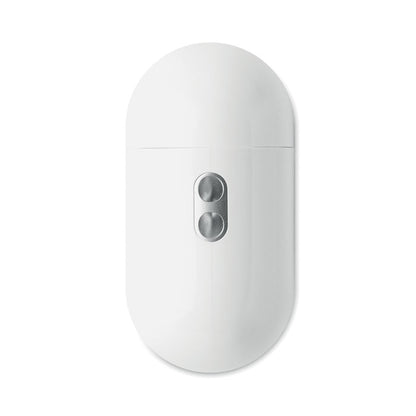 Vista de perfil de caja de carga de auriculares blancos