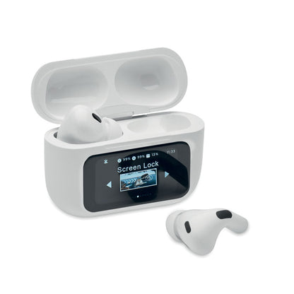 Vista frontal de auriculares blancos con base con pantalla táctil