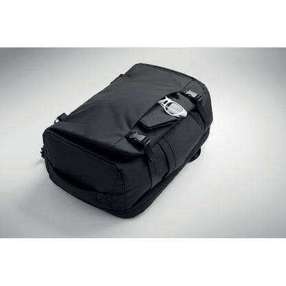 Vista superior de mochila grande de viaje negra con bolsillo delantero