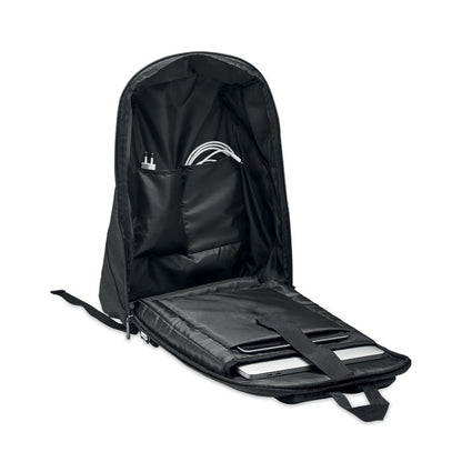 Mochila negra mostrando interior con portátil y cables