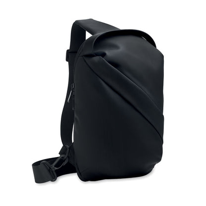 Vista lateral de mochila negra de PU con bolsillo frontal