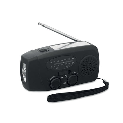 Vista frontal de radio con power bank negra