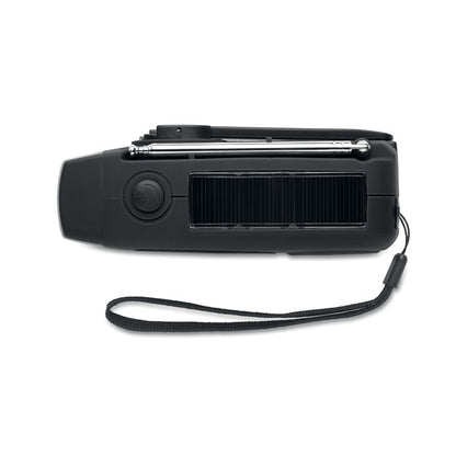 Vista superior de cargador solar de power bank y radio negra