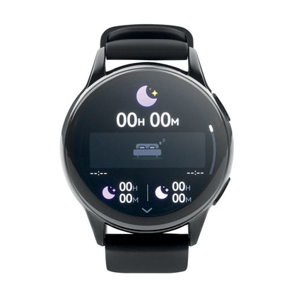 Vista frontal de mesa con reloj Smartwhatch inalámbrico negro con multifunción pantalla de cronómetro