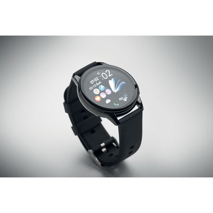 Vista superior Smartwhatch inalámbrico negro con multifunción pantalla encendida