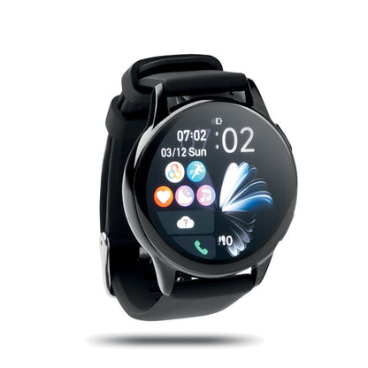 Smartwhatch inalámbrico negro con multifunción pantalla encendida