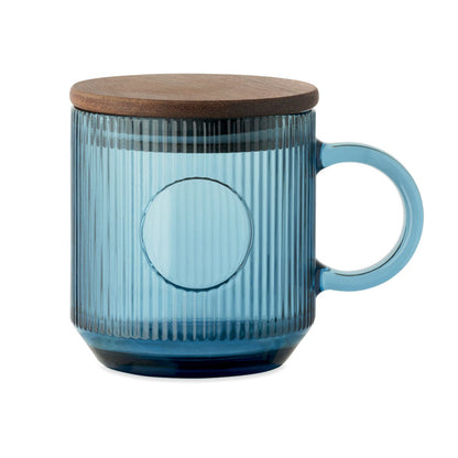 Taza mug acanalada de vidrio azul con tapa de madera