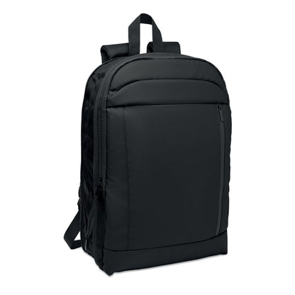 Vista frontal de mochila negra de RPET. Expandible