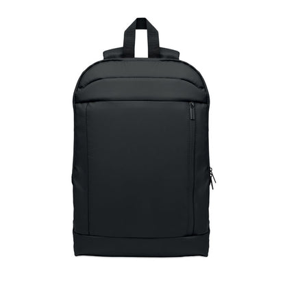 Vista frontal de mochila negra de RPET. Expandible