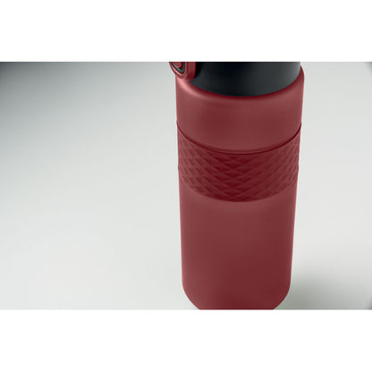 Botella de agua de RPET burdeos con tapón al lado