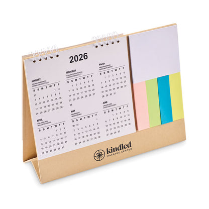 Vista lateral de calendario de 4 años con pos it con logo impreso