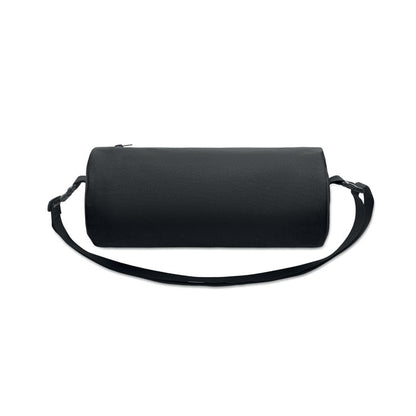 Vista frontal de bolsa de deporte redonda negra con asa larga
