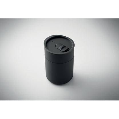 Vaso negro visto desde arriba con tapa