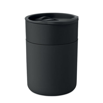 Vaso negro de PP con tapa corredera visto de frente
