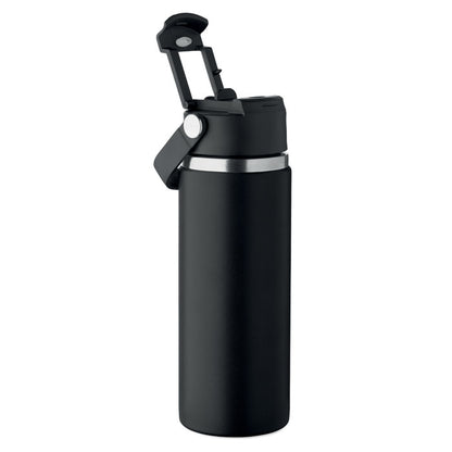 Botella negra de doble pared con tapa y asa integrada